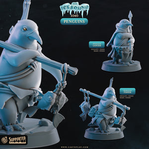 The image is a collage of three different views of a penguin figurine, each depicting the penguin in a unique pose. The penguin is shown in various positions, including one holding a fish and another holding a spear. The penguin figurines are displayed on a base, and the background is dark, providing a contrast to the penguin figures.