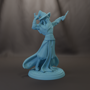A blue figurine of a wizard or magical figure, with a flowing robe and hat, is depicted in a dynamic pose, holding a wand and sword.