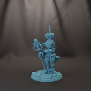 A figurine of a person standing on a platform, holding a weapon and wearing a crown.