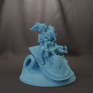 A 3D model of a female character riding a wave-like vehicle, with another female character accompanying her.