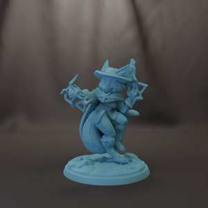 A light blue figurine of a character with a hat and a cape, standing on a base and holding a weapon.