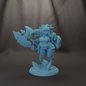 A figurine of a female character with a large sword and a shield, standing on a base.