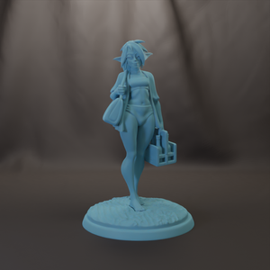 A light blue statue of a person standing on a base, holding a small object in their hand.
