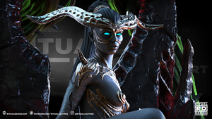 A female character with horns and a mask is the central focus of the image, surrounded by dark, mysterious elements.