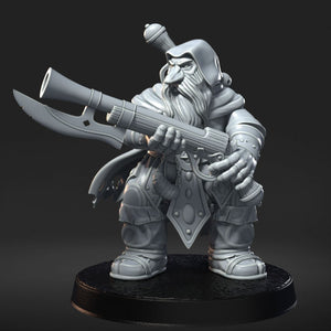 A 3D model of a dwarf character holding a large weapon, standing on a platform.
