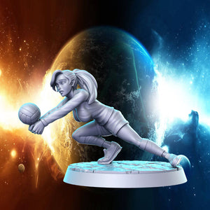 A 3D model of a female volleyball player in action, with a planet and a fiery background in the background.
