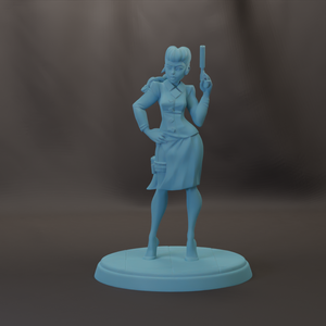 A light blue figurine of a woman holding a gun and standing on a pedestal.