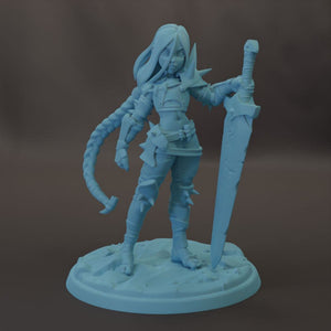 A 3D model of a female character with long hair, holding a sword and standing on a platform.