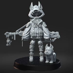 A 3D rendering of a character wearing a hooded jacket and holding a small dog.