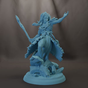 A blue 3D model of a fantastical creature with a long, curved weapon and a flowing, ornate costume.