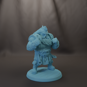 A light blue figurine of a muscular, bearded dwarf character standing on a platform.