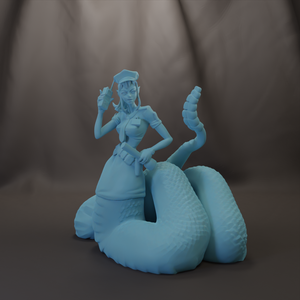 A 3D model of a female character in a nurse's uniform, sitting on a large, blue-colored snake-like creature.