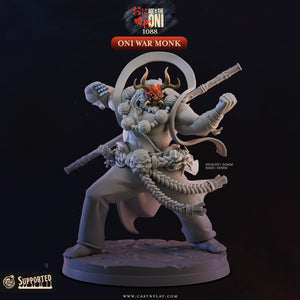 The image is a 3D model of a character, specifically a war monk, with various weapons and accessories. The character is depicted in a dynamic fighting stance, with a large headdress and a long beard. The character is wearing a white robe and has a large sword in their hand. The image is a detailed representation of the character, showcasing their unique features and attire.