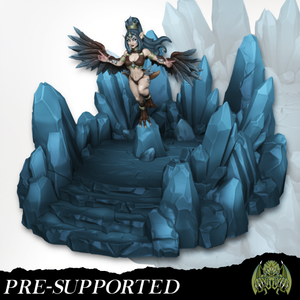 A woman with wings is depicted in a fantasy setting, surrounded by large blue rocks and ice formations.