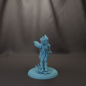 A light blue figurine of a person standing on a base, with a blurred background.