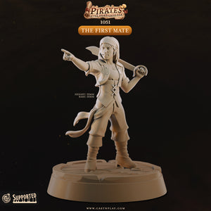 A 3D model of a pirate character, specifically the first mate, is shown in the image.