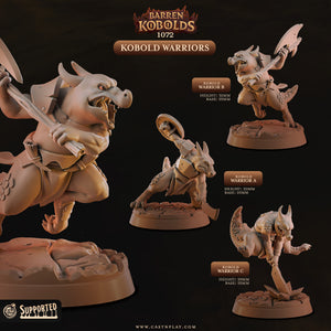 The image is a collage of three figurines of Kobold Warriors from the video game Barren Kobolds, each depicting a different warrior in various poses and stances.