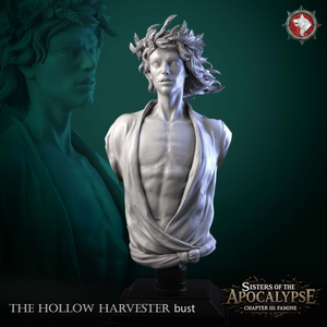 The image is a bust of a man with long hair and a crown, wearing a robe, against a dark green background. The bust is titled "The Hollow Harvester bust" and is part of the "Sisters of the Apocalypse" series.