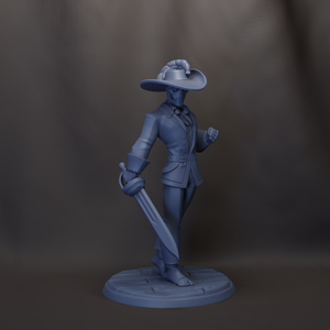 A 3D model of a character wearing a hat and holding a sword.