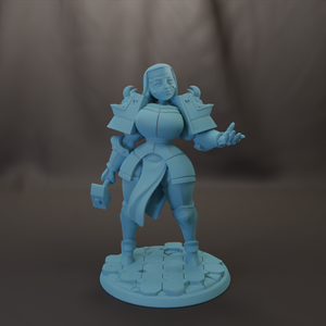 A 3D model of a female character in a medieval-style outfit, standing on a base and holding a weapon.