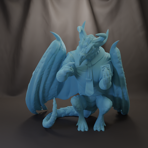 A blue dragon figurine is depicted in a crouched position, with its wings spread out and a tie visible.