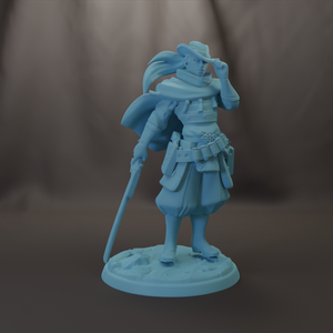 A figurine of a person wearing a hat and holding a sword, standing on a base.
