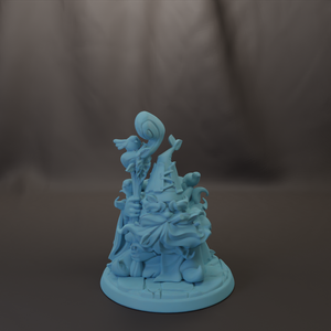 A light blue, whimsical figurine depicting a fantastical creature with a large head and a long, curved horn-like object on top.