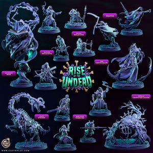 a collection of various fantasy-themed figurines and characters, including skeletal figures, creatures, and warriors, all set against a dark background. The image is a collage of different scenes and poses, and it does not contain any text.