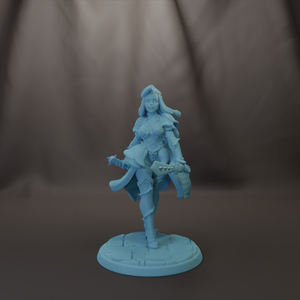 A figurine of a woman with long hair and a flowing dress, holding a sword and shield, standing on a pedestal.