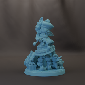 A figurine of a person wearing a hat and holding a small object, surrounded by various other figurines.