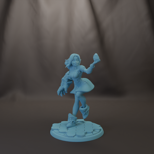 A figurine of a woman with a bird in her hand, standing on a platform.