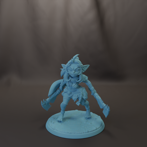 A blue figurine of a character with a pointed hat and sword, standing on a base.