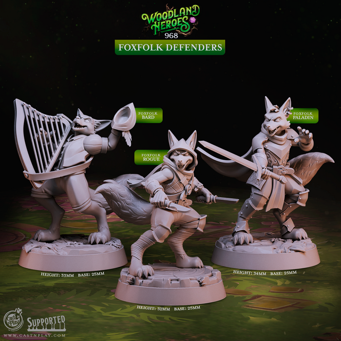 Foxfolk Defenders Rogue Harp Bard Paladin 28mm or 32mm Miniatures Woodland Heroes