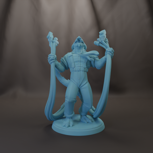 A figurine of a character with a large head and a long, curved body, holding two large objects in each hand.