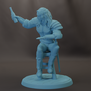 A 3D model of a warrior figure sitting on a stool, holding a weapon in their hand.