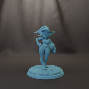 A figurine of a female character with a pointed hat and a round body, standing on a blue base.