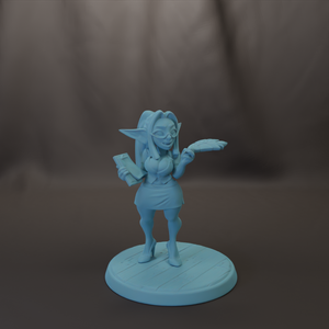 A small, light blue figurine of a woman with long hair and glasses, holding a book and a fan, standing on a circular base.