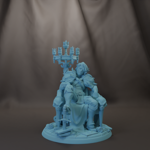 A light blue statue of a seated figure with a large chandelier above, set against a dark background.