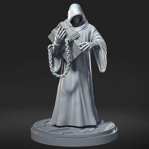 A 3D rendering of a hooded figure holding a large object, possibly a box or a shield, with chains around their neck.