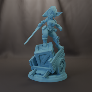 A 3D model of a female character with a sword, standing on a wooden crate or platform.