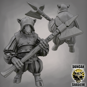 A 3D rendering of a fantasy character holding a large weapon, possibly a sword or spear, and wearing a distinctive outfit.