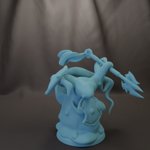 A blue, abstract sculpture with various shapes and forms, including a large, curved shape and a smaller, angular shape.