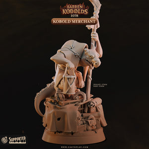 The image is a 3D model of a character, specifically a Kobold Merchant, which is a character from the video game Barren Kobolds. The character is depicted in a detailed and intricate manner, with various accessories and items surrounding it. The image is set against a dark background, which highlights the character and its details. The image does not contain any text, and the character is the main focus of the image.