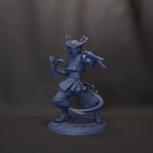 A 3D model of a character with horns, a tail, and various weapons, standing on a platform.