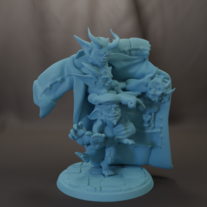 A 3D model of a fantastical creature with horns and a large head, standing on a pedestal.