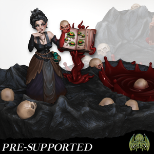 A figurine of a woman in a black dress holding a book with a skull on the cover, standing on a rocky surface with skulls and a red liquid.