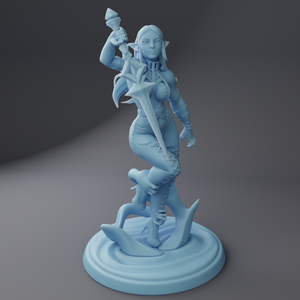 A 3D rendering of a female character holding a sword and shield, standing on a pedestal.