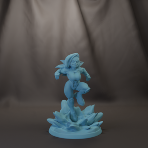 A figurine of a female character in a dynamic pose, standing on a base with a stylized, abstract design.
