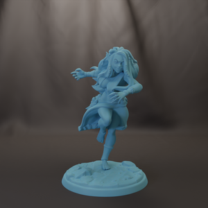 A figurine of a woman with long hair and a flowing skirt, depicted in a dynamic pose, is shown in the image.
