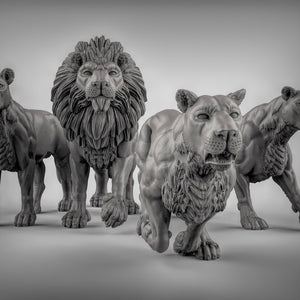 A group of detailed, sculpted lion statues arranged in a row.